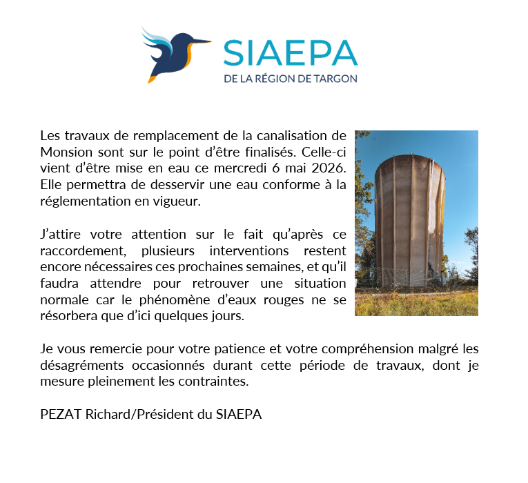 Les travaux de remplacement de la canalisation de Monsion sont sur le point d’être finalisés. Celle-ci vient d’être mise en eau ce mercredi 6 mai 2026